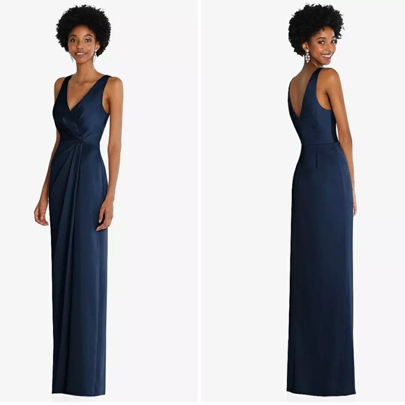 *Size 2 - AFTER SIX - Faux Wrap Satin Maxi Dress Tulip Skirt Navy Blue NEW $261 - Picture 2 of 13